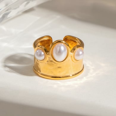 1 Paar Ethnische Serie Retro Geometrische Edelstahl 18K Vergoldet Künstliche Perle Frauen Verstellbare Ringe h5 
