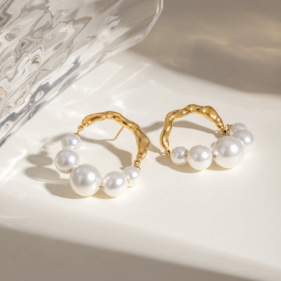 1 Pair Simple Series Retro Beads Stainless Steel 18K Gold Plated Artificial Pearl Women Hoop Earrings 