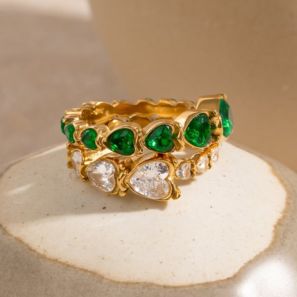 Anillo individual para mujer de acero inoxidable chapado en Color dorado de 18 quilates con incrustaciones de piedras preciosas artificiales en forma de corazón, estilo romántico retro, 1 pieza 2