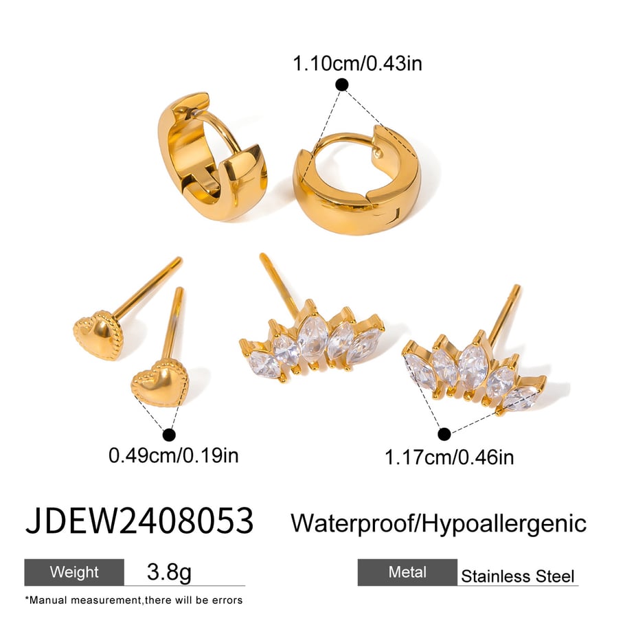 1 Set Sweet Heart Stainless Steel Gold Plated Zircon Women's Earrings Set h5Picture2
