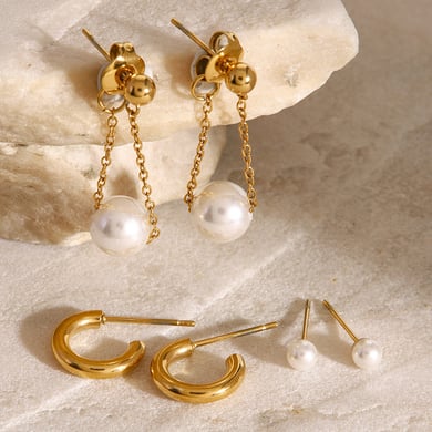 1 Paar Ohrringe im Retro-Stil der Simple Series aus Edelstahl mit 18 Karat vergoldeter Kunstperle für Damen h5 
