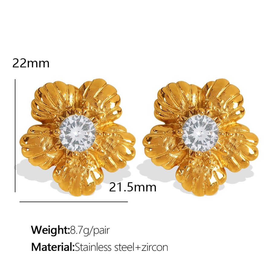 1 Pair Romantic Series Retro Flower Stainless Steel 18K Gold Plated Zircon Women Stud Earrings Picture2