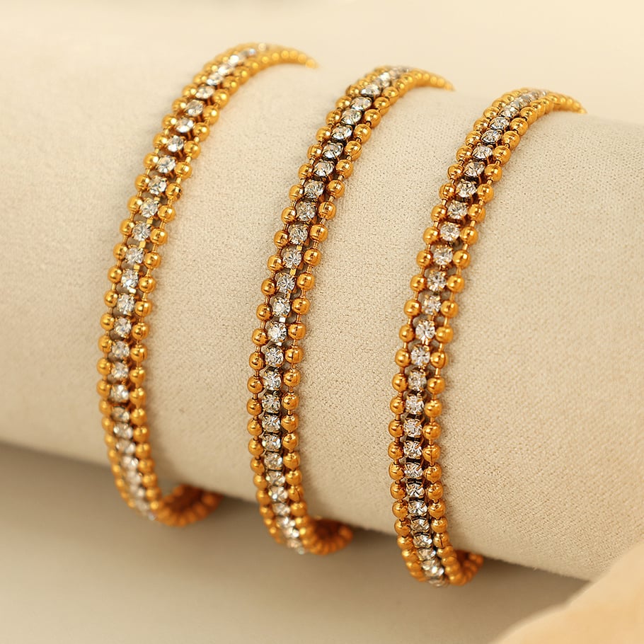 1 Piece Luxurious Series Simple Beads Stainless Steel 18K Gold Plated Rhinestone Women Chain Bracelets 