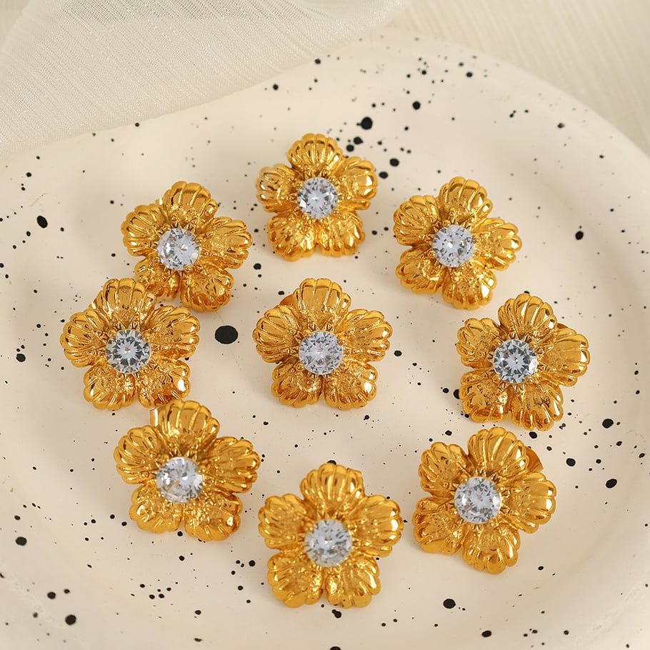 1 Pair Romantic Series Retro Flower Stainless Steel 18K Gold Plated Zircon Women Stud Earrings 