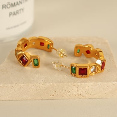 1 pair simple series simple geometric stainless steel  gold plated zircon women hoop earrings h5 