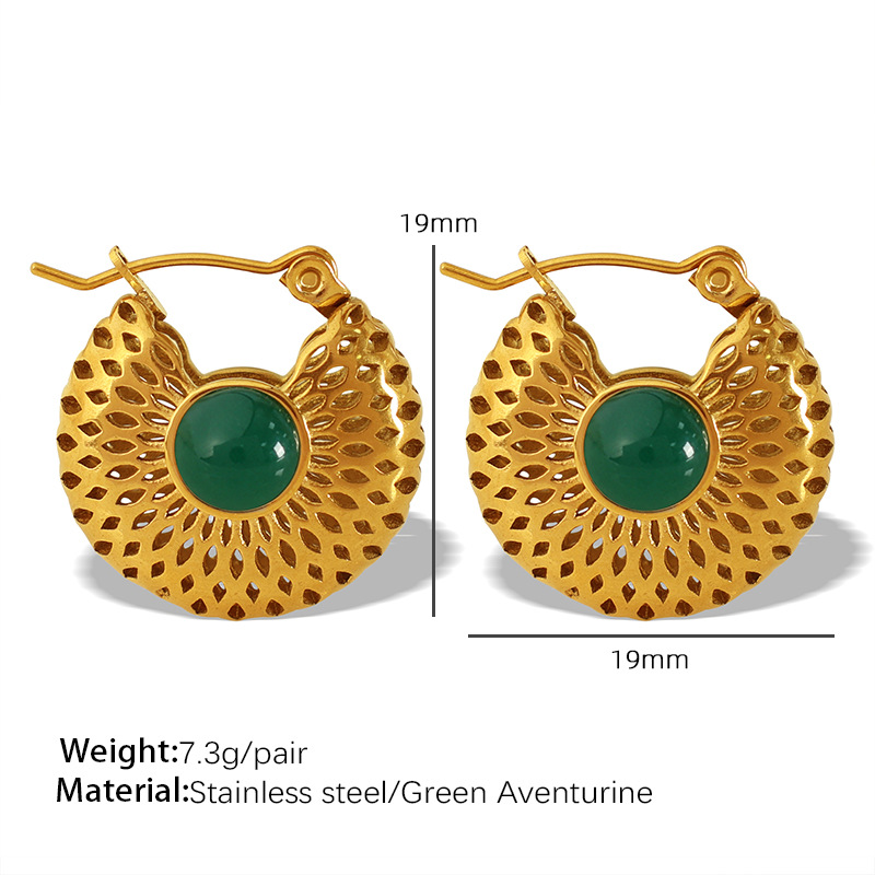 1 Pair Classic Series Retro Geometric Stainless Steel 18K Gold Plated Artificial Gemstone Women Hoop Earrings Picture2