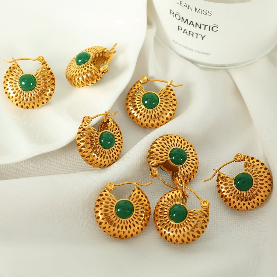 1 Pair Classic Series Retro Geometric Stainless Steel 18K Gold Plated Artificial Gemstone Women Hoop Earrings 