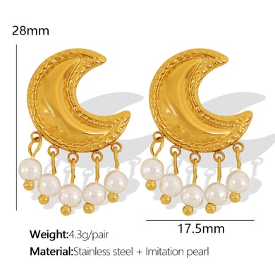 1 Pair Classic Series Retro Sun/Moon Stainless Steel 18K Gold Plated Artificial Pearl Women Stud Earrings h5 Picture2