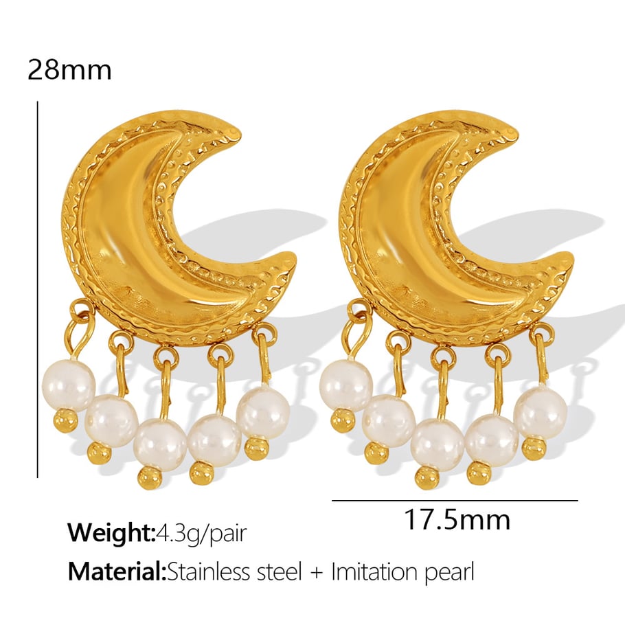 1 Pair Classic Series Retro Sun/Moon Stainless Steel 18K Gold Plated Artificial Pearl Women Stud Earrings Picture2