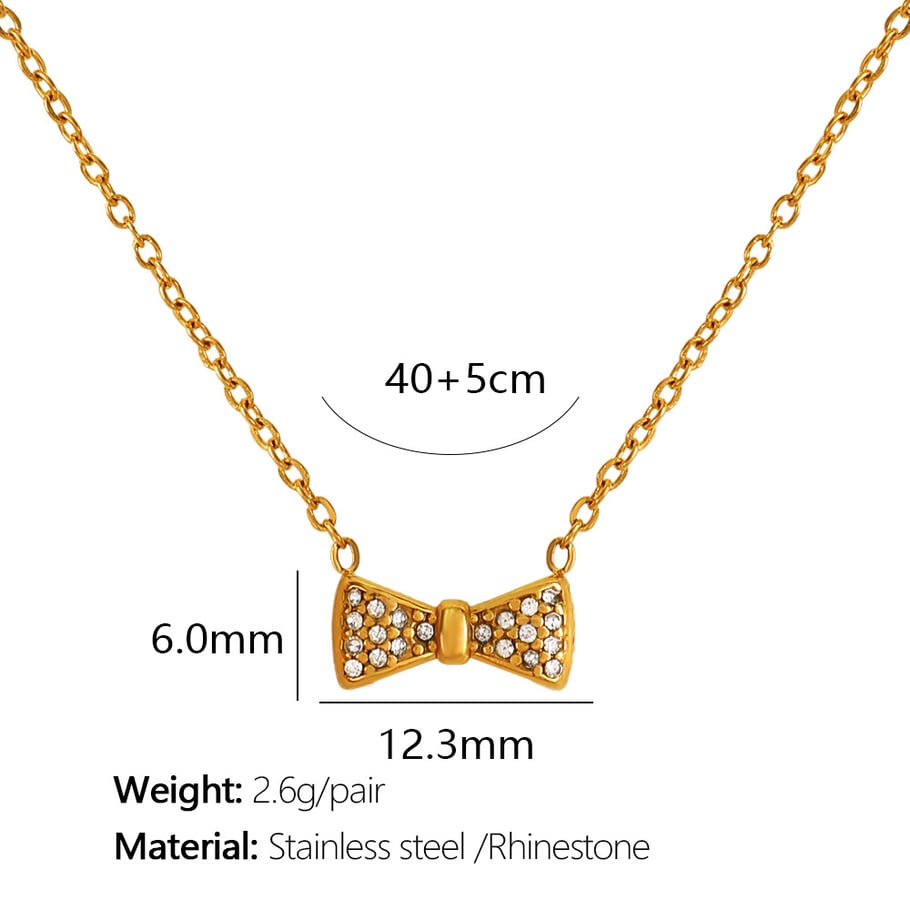 1 Piece Simple Series Sweet Bow Knot Stainless Steel 18K Gold Plated Rhinestone Women Pendant Necklaces Picture2