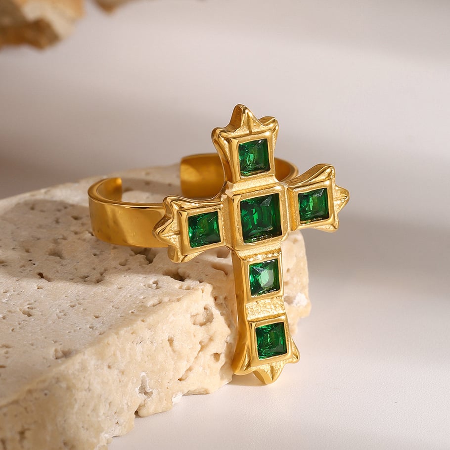 1 Pair Classic Series Retro Cross Stainless Steel 18K Gold Plated Zircon Women Adjustable Rings 