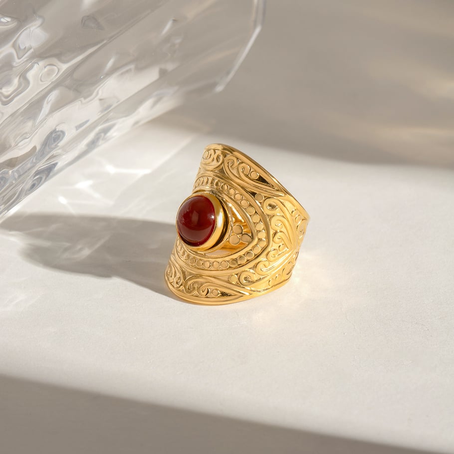 1 Pair Ethnic Series Retro Geometric Stainless Steel 18K Gold Plated Artificial Gemstone Women Adjustable Rings 