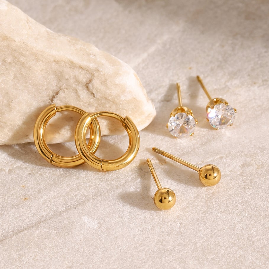 1 Paar Simple Series Einfaches geometrisches Edelstahl-Ohrring-Set mit 18 Karat vergoldetem Zirkonia für Damen 