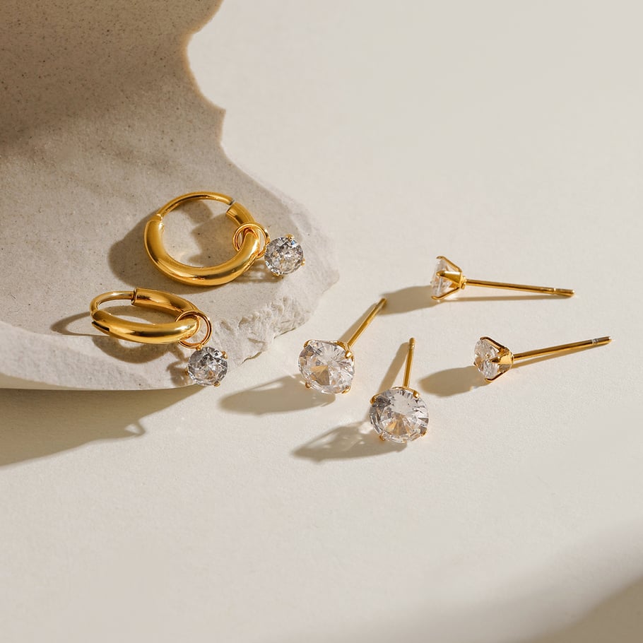 1 Paar Ohrringe Set aus süßen geometrischen Zirkonia-Steinen aus Edelstahl der Simple Series, 18 Karat vergoldet 