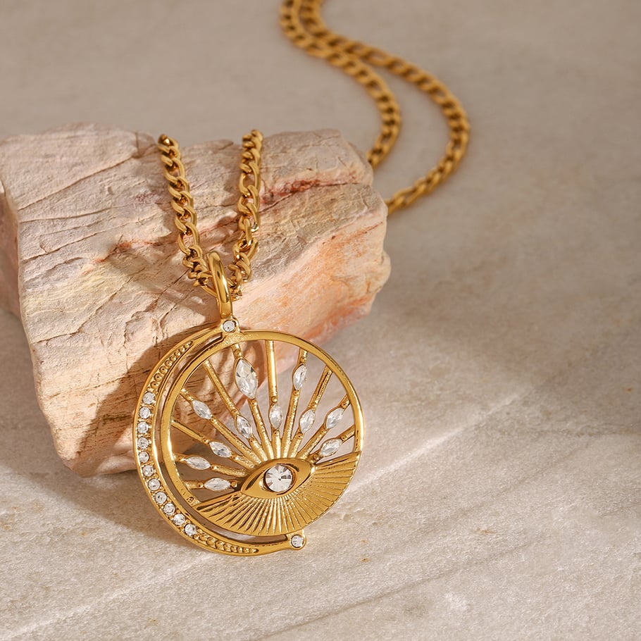 1 Piece Simple Series Retro Eye Stainless Steel 18K Gold Plated Zircon Women Pendant Necklaces 