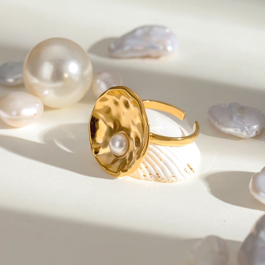 1 Pair Simple Series Casual Geometric Stainless Steel 18K Gold Plated Artificial Pearl Women Adjustable Rings 