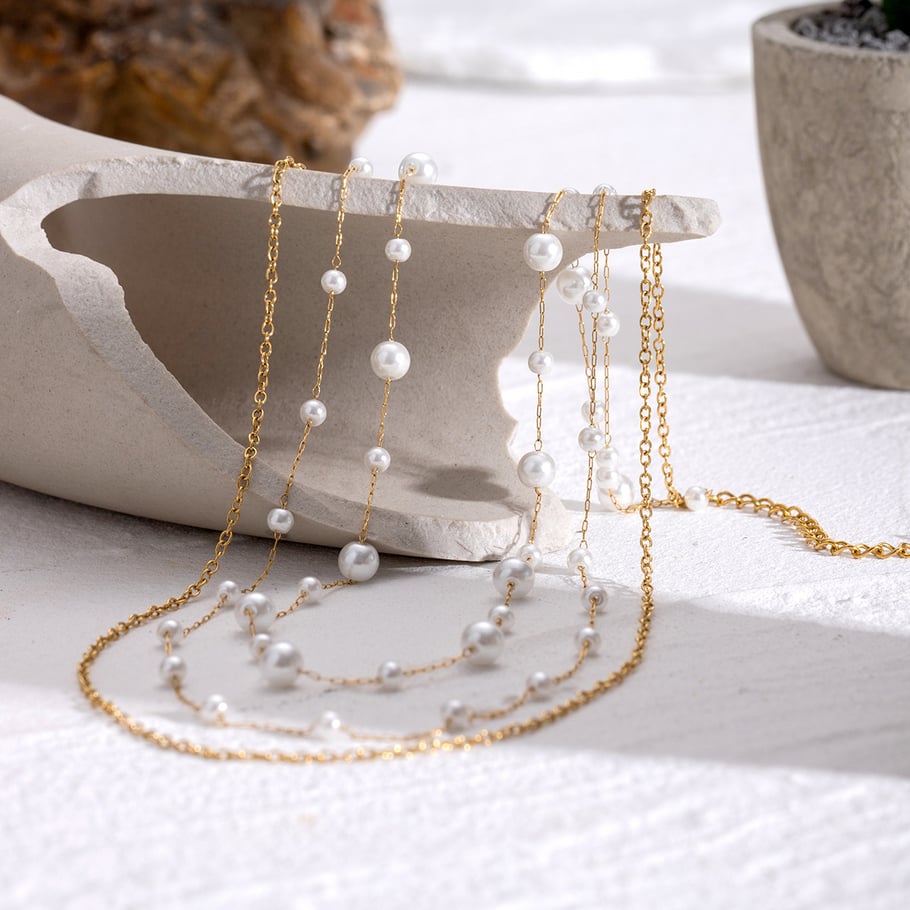 1 Piece Classic Series Elegant Beads Stainless Steel 18K Gold Plated Artificial Pearl Women Layered Necklaces 