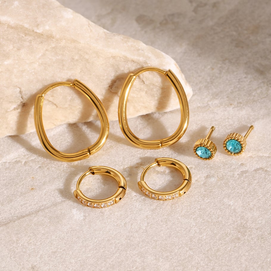 1 Paar Ohrringe Set aus süßen geometrischen Zirkonia-Steinen aus Edelstahl der Simple Series, 18 Karat vergoldet 