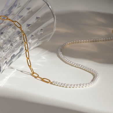 1 Stück Simple Series Klassische Perlen Edelstahl 18 Karat vergoldet Kunstperle Damen Kettenhalsketten h5 