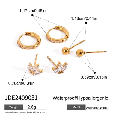 1 Paar Ohrringe Set aus süßen geometrischen Zirkonia-Steinen aus Edelstahl der Simple Series, 18 Karat vergoldet h5 Bild2