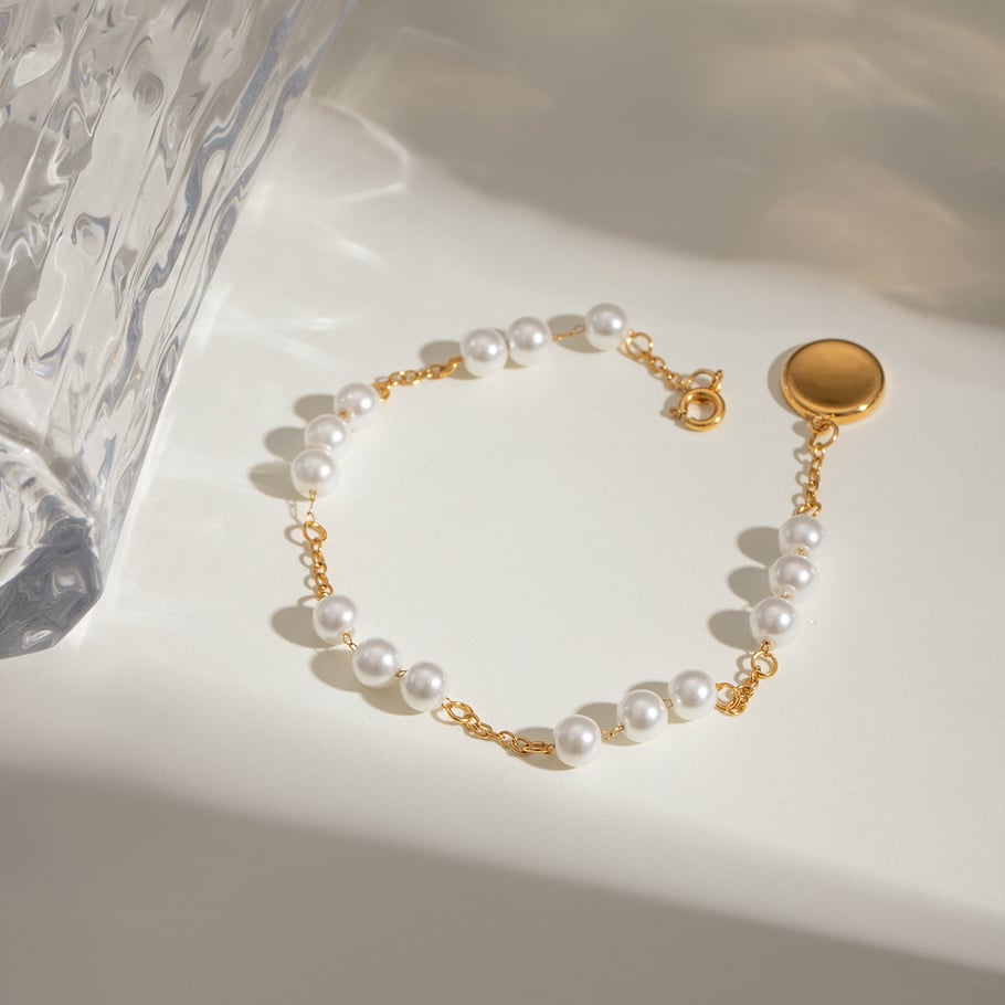 1 Piece Simple Series Sweet Beads Stainless Steel 18K Gold Plated Artificial Pearl Women Beaded Bracelets 