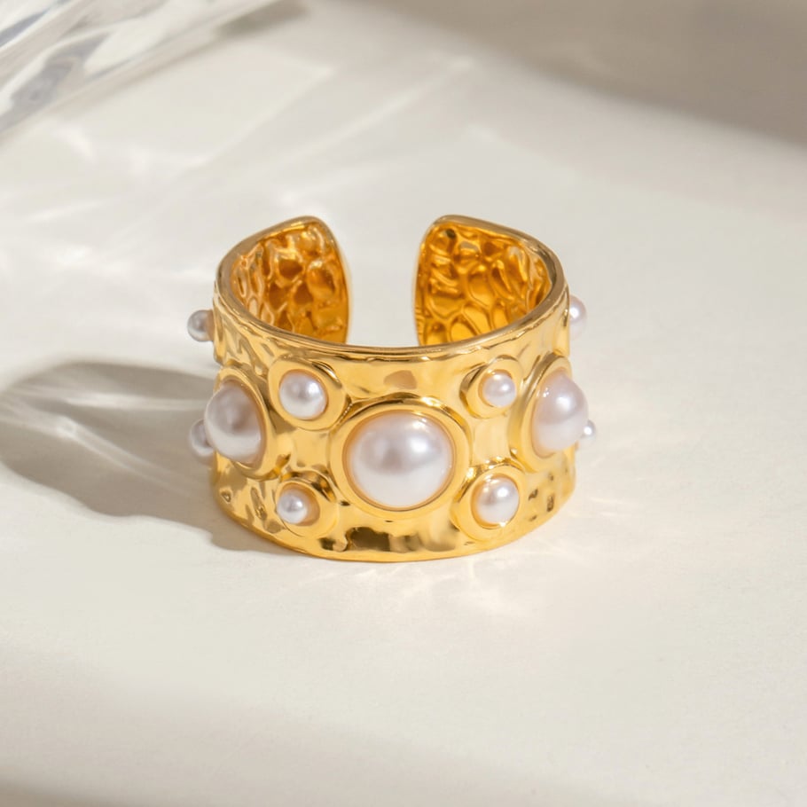 1 Pair Classic Series Retro Geometric Stainless Steel 18K Gold Plated Artificial Pearl Women Adjustable Rings 