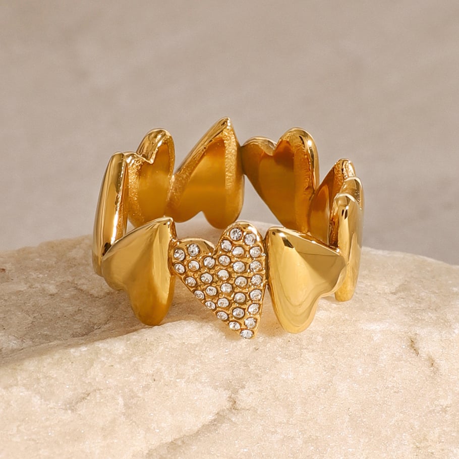 1 Pair Simple Series Casual Heart Stainless Steel 18K Gold Plated Zircon Women Single Rings 