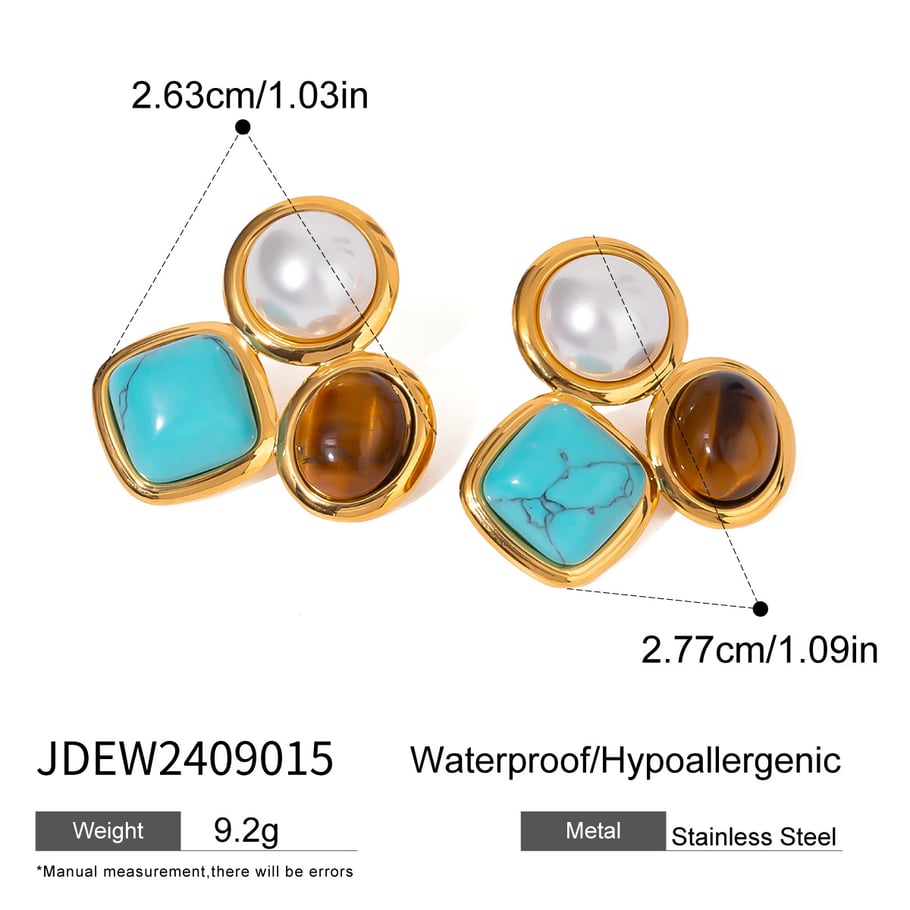 1 Pair Ethnic Series Retro Geometric Stainless Steel 18K Gold Plated Natural Stone Women Stud Earrings Picture2