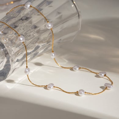 1 Stück Simple Series Süße geometrische Edelstahl 18 Karat vergoldete Kunstperle Damen Kettenhalsketten h5 