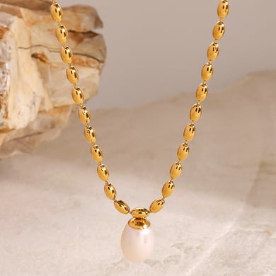 1 Stück Classic Series Retro Beads Edelstahl 18 Karat vergoldet Kunstperle Damen Anhänger Halsketten h5 