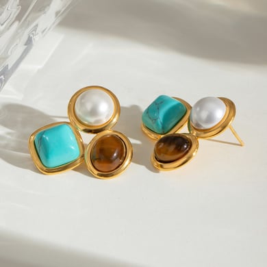 1 Pair Ethnic Series Retro Geometric Stainless Steel 18K Gold Plated Natural Stone Women Stud Earrings h5 