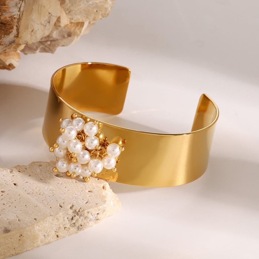 1 Piece Simple Series Retro Geometric Stainless Steel 18K Gold Plated Artificial Pearl Women Bangles 