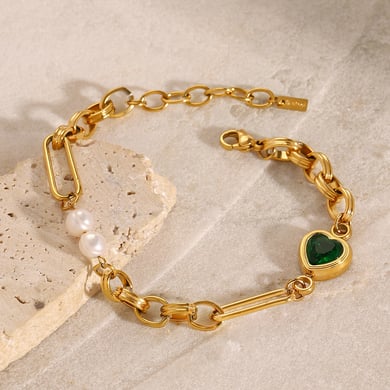 1 Piece Romantic Series Sweet Heart Stainless Steel 18K Gold Plated Artificial Pearl Women Chain Bracelets h5 