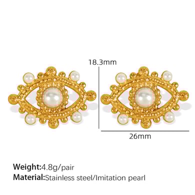 1 Pair Simple Series Punk Eye Stainless Steel 18K Gold Plated Artificial Pearl Women Stud Earrings h5 Picture2