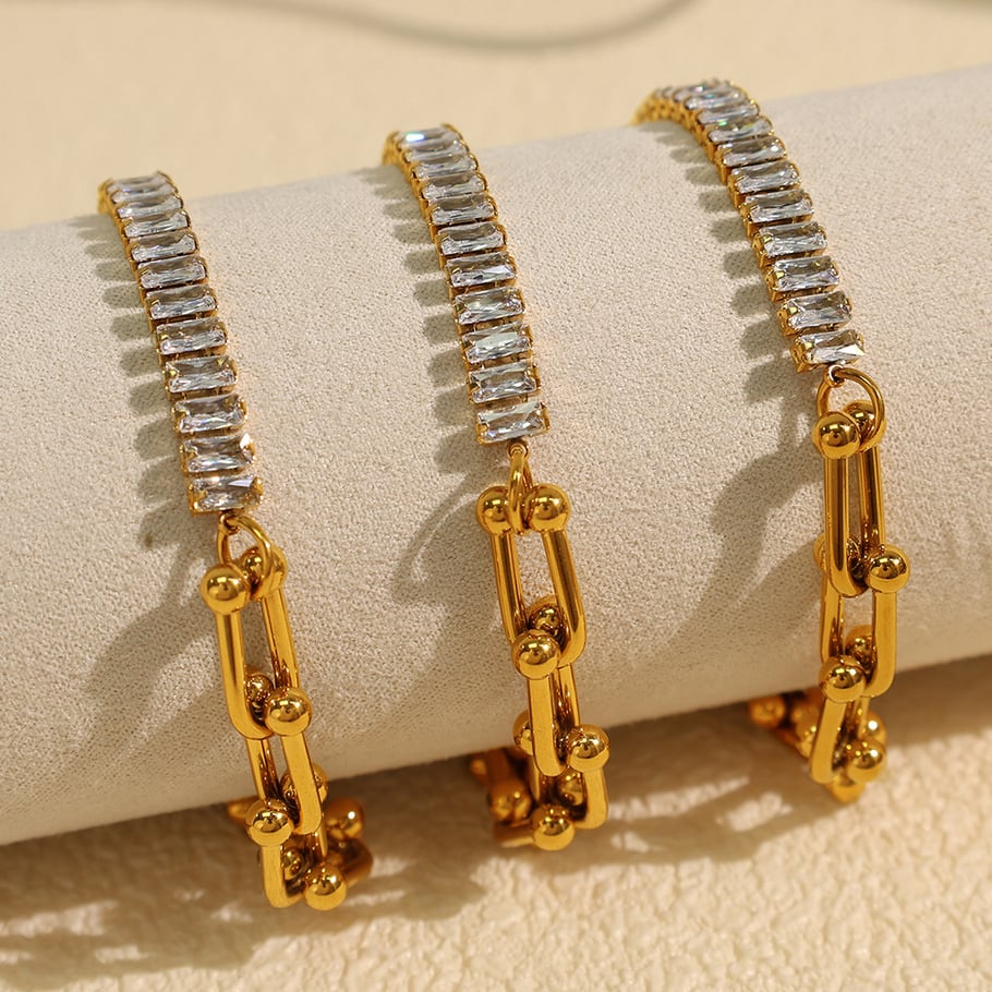 1 Piece Luxurious Series Simple Geometric Stainless Steel 18K Gold Plated Rhinestone Women Charm Bracelets 