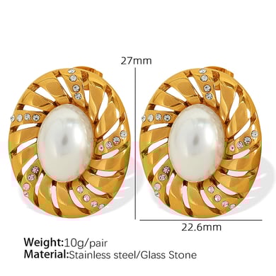 1 Pair Classic Series Retro Geometric Stainless Steel 18K Gold Plated Rhinestone Women Stud Earrings h5 Picture2