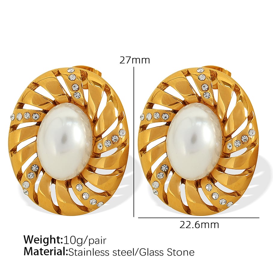 1 Pair Classic Series Retro Geometric Stainless Steel 18K Gold Plated Rhinestone Women Stud Earrings Picture2