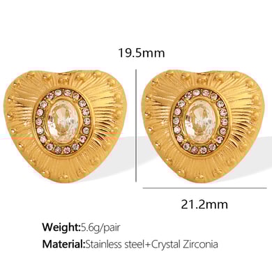 1 Pair Classic Series Retro Heart Stainless Steel 18K Gold Plated Zircon Women Stud Earrings h5 Picture2