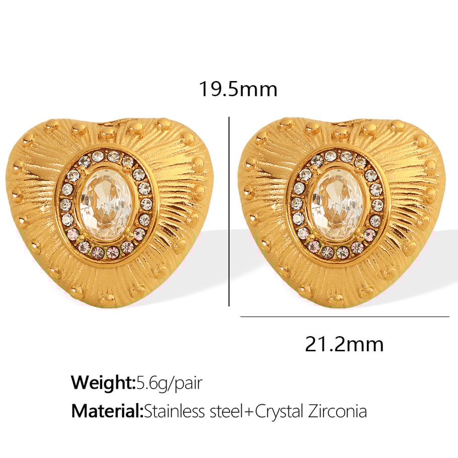 1 Pair Classic Series Retro Heart Stainless Steel 18K Gold Plated Zircon Women Stud Earrings Picture2