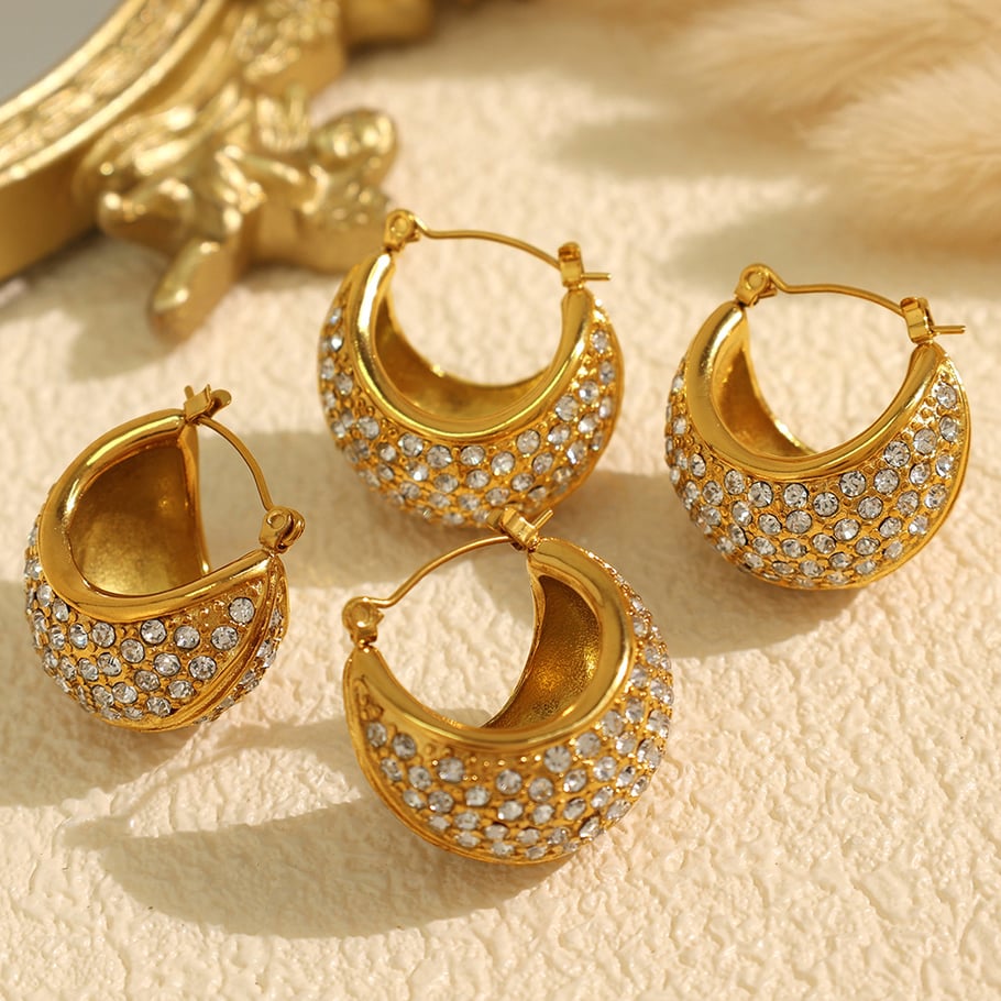 1 Pair Luxurious Series Classic Geometric Stainless Steel 18K Gold Plated Rhinestone Women Hoop Earrings 