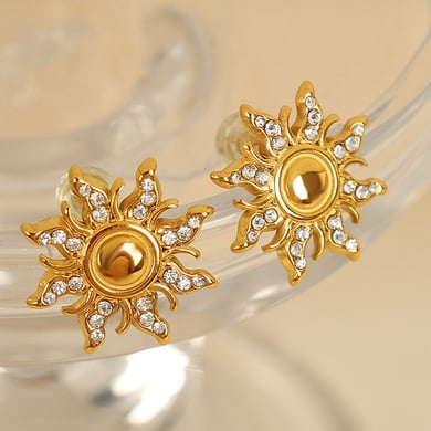 1 Pair Simple Series Retro Sun/Moon Stainless Steel 18K Gold Plated Rhinestone Women Stud Earrings h5 