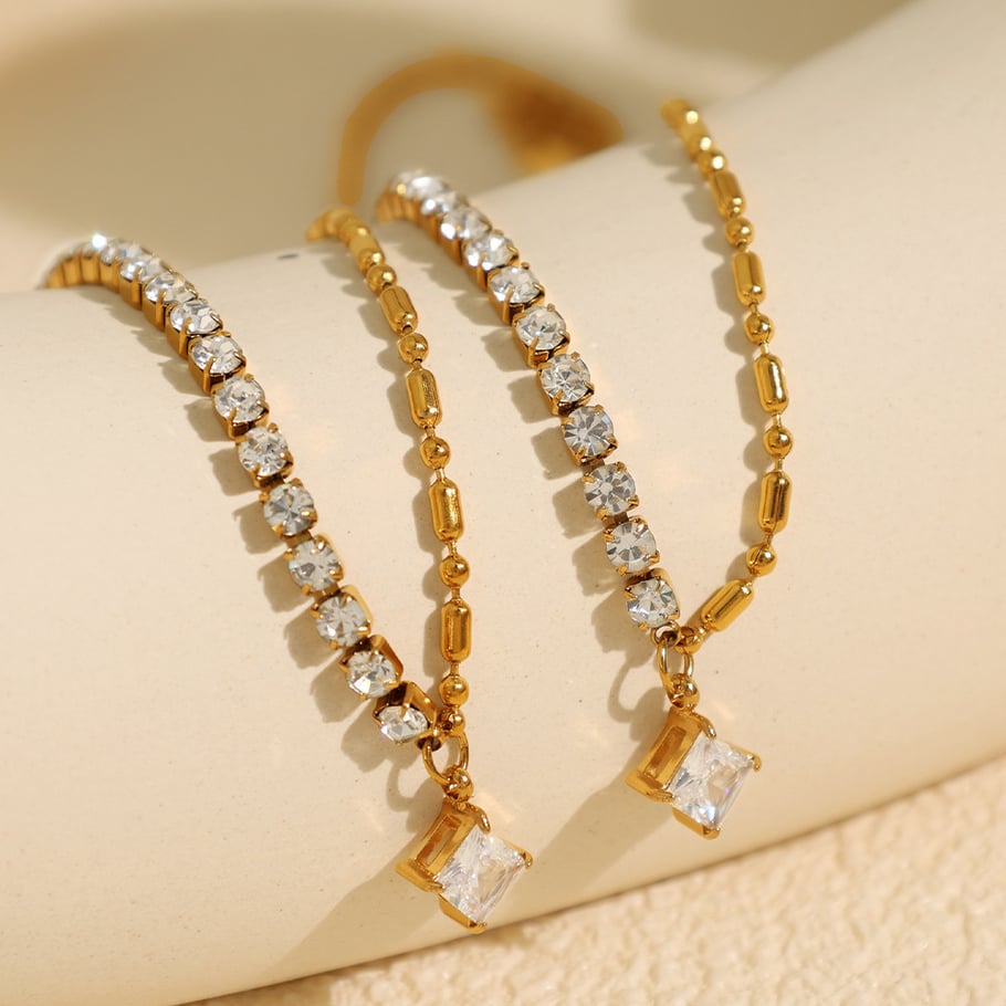 1 Piece Luxurious Series Simple Geometric Stainless Steel 18K Gold Plated Zircon Women Beaded Necklaces 