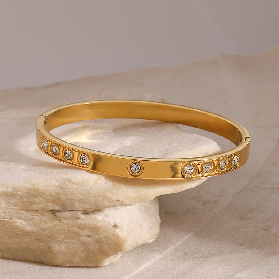 1 Piece Simple Series Europe and America round Stainless Steel 18K Gold Plated Rhinestone Women Bangles 
