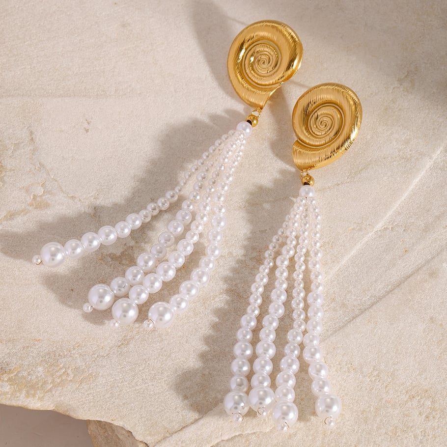 1 Pair Romantic Series Europe and America shell Stainless Steel 18K Gold Plated Artificial Pearl Women Drop Earrings 