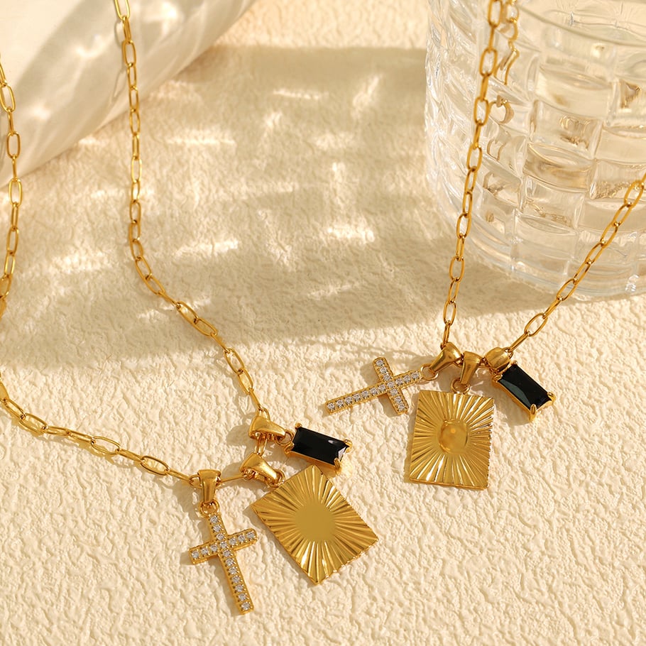 1 Piece Simple Series Simple Cross Stainless Steel 18K Gold Plated Zircon Women Pendant Necklaces 