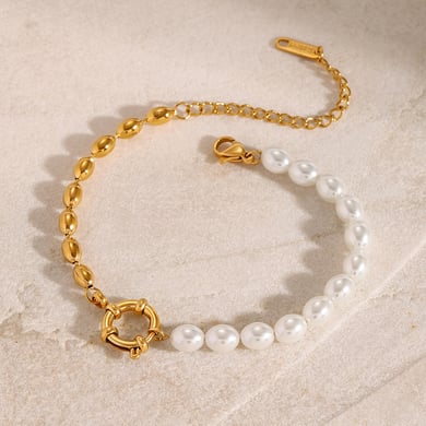1 Piece Classic Series Europe and America oval Stainless Steel 18K Gold Plated Artificial Pearl Women Beaded Bracelets h5 