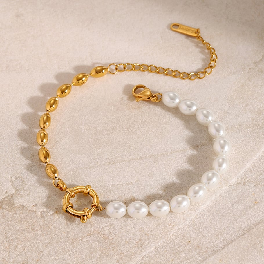 1 Piece Classic Series Europe and America oval Stainless Steel 18K Gold Plated Artificial Pearl Women Beaded Bracelets 