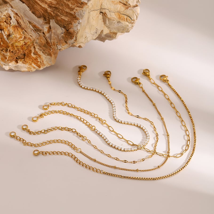 1 Piece Simple Series Europe and America line Stainless Steel 18K Gold Plated Rhinestone Women Chain Bracelets 