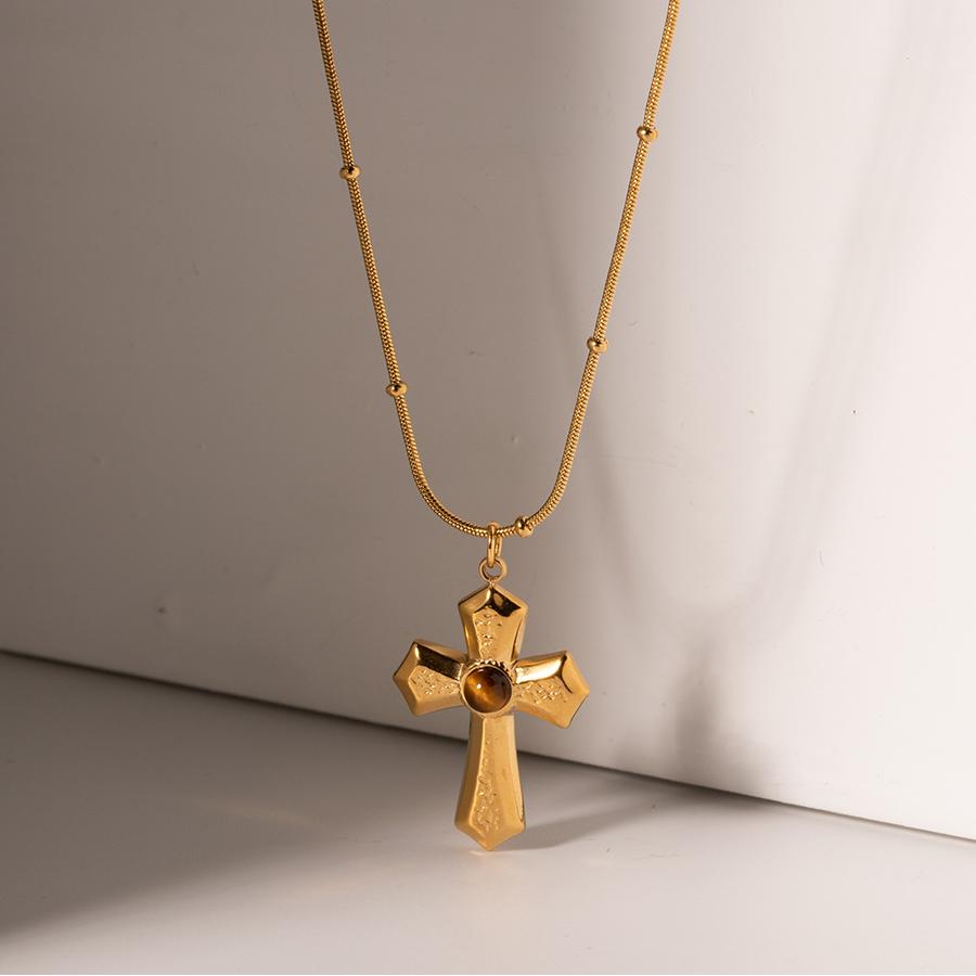 1 Piece Simple Series ins style Cross Stainless Steel 18K Gold Plated Natural Stone Women Pendant Necklaces 