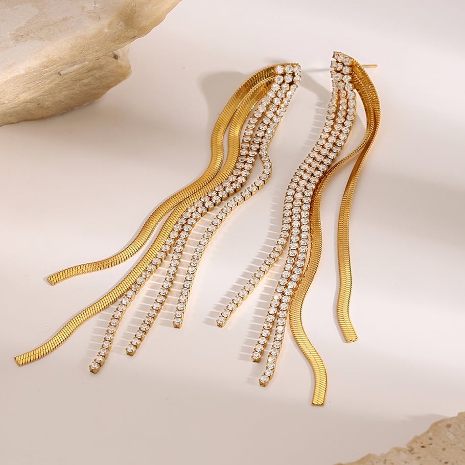 1 Pair Classic Series Elegant line Stainless Steel 18K Gold Plated Rhinestone Women Drop Earrings 